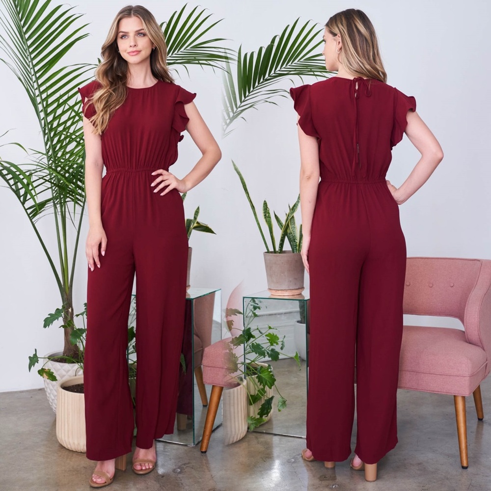 Ina Deep Red Ruffle Sleeve Jumpsuit - Picture 2 of 5